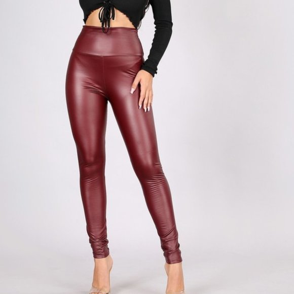 CEMI CERI High Waist Faux Leather Fleece Leggings Chocolate Burgundy Black - Picture 10 of 13